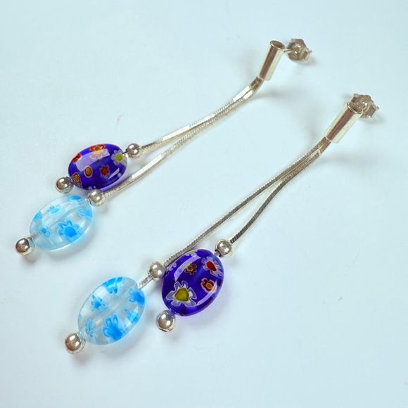 Blown Lamp Work Glass Bead Sterling Silver 925 Long Drop Vintage 2.3" Earrings - Picture 2 of 6